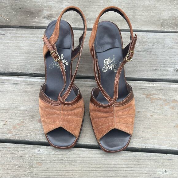 VTG 70s Hush Puppies Brown Velvet Sling Back Heels 8 1/2M - Picture 2 of 8